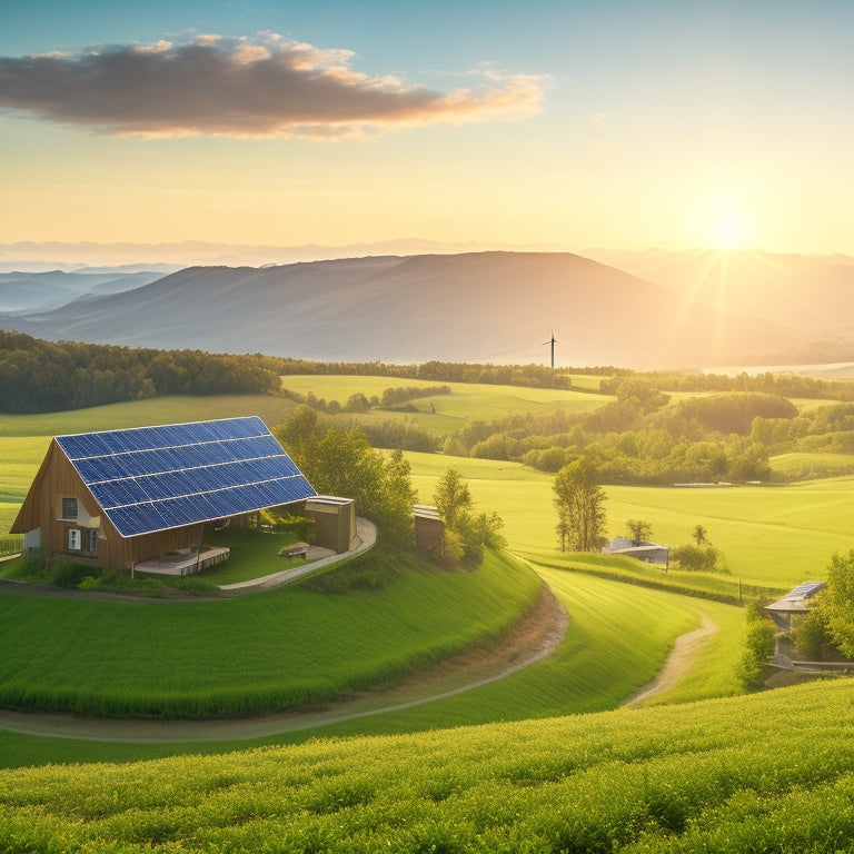 A serene, sun-lit landscape with rolling hills, featuring a cluster of solar panels, a wind turbine, and a small village in the distance, surrounded by lush greenery and a bright blue sky.