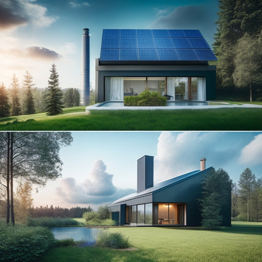 A split scene: on one side, a modern home with solar panels under a bright sun, surrounded by green trees; on the other, a smoky power plant emitting pollution, with dark clouds overhead.
