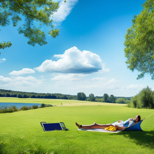 A serene landscape with a person relaxing in a hammock, surrounded by lush greenery, with a portable solar panel and power bank on a nearby picnic blanket, under a bright blue sky with a few white clouds.