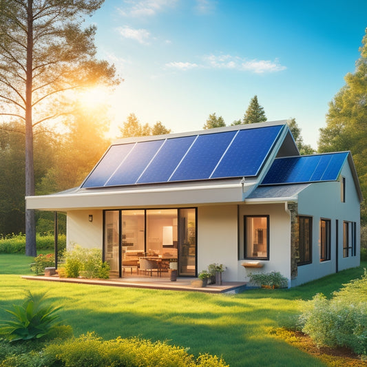 A modern, eco-friendly home exterior with a small solar panel array (4-6 panels) installed on the roof, surrounded by lush greenery, with a subtle sun glow in the clear blue sky.