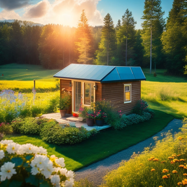 A cozy tiny house nestled in a lush green landscape, solar panels glistening on the roof, surrounded by vibrant flowers and trees, with a bright blue sky and fluffy clouds above, emphasizing sustainability and harmony with nature.