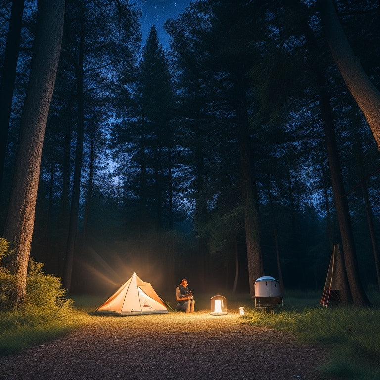 A serene campsite at dusk, featuring glowing solar lanterns hanging from trees, illuminating a cozy tent and scattered camping gear, surrounded by lush greenery and a starry sky overhead.