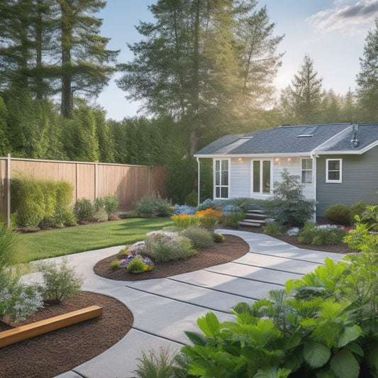 A serene, sunny backyard with a modern, eco-friendly home featuring a rooftop solar array, a wind turbine, and a small, lush garden, surrounded by a white picket fence and a few tall trees.