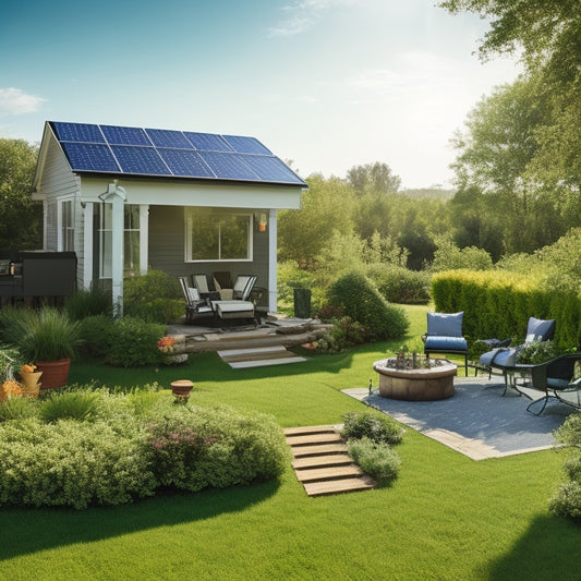 A serene backyard with a solar panel array, a small wind turbine, and a compact battery bank, surrounded by lush greenery and a few outdoor furniture pieces, under a sunny sky.