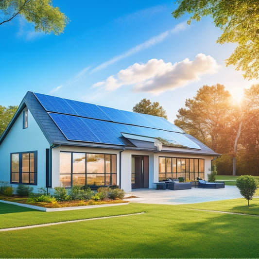A serene suburban home with a modern, sleek roofline, adorned with a grid of shiny black solar panels, set against a bright blue sky with a few wispy white clouds.