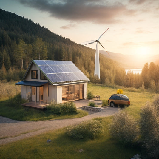 A serene landscape featuring a modern off-grid cabin surrounded by lush greenery, solar panels on the roof, and a wind turbine nearby. A battery storage unit is visible, with sunlight illuminating the scene.