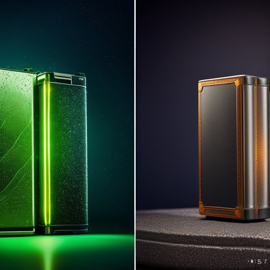 A split-screen illustration featuring a healthy deep cycle battery on the left, with sparkles and a bright green glow, and a worn-out battery on the right, with cracks and a dull gray tone.