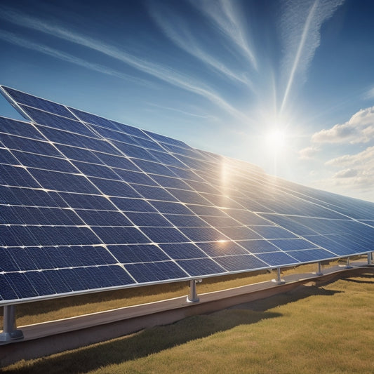 A photorealistic illustration of a solar panel array at a 30-degree angle, with a few panels clean and sparkling, while others are dirty and streaked, set against a clear blue sky with fluffy white clouds.