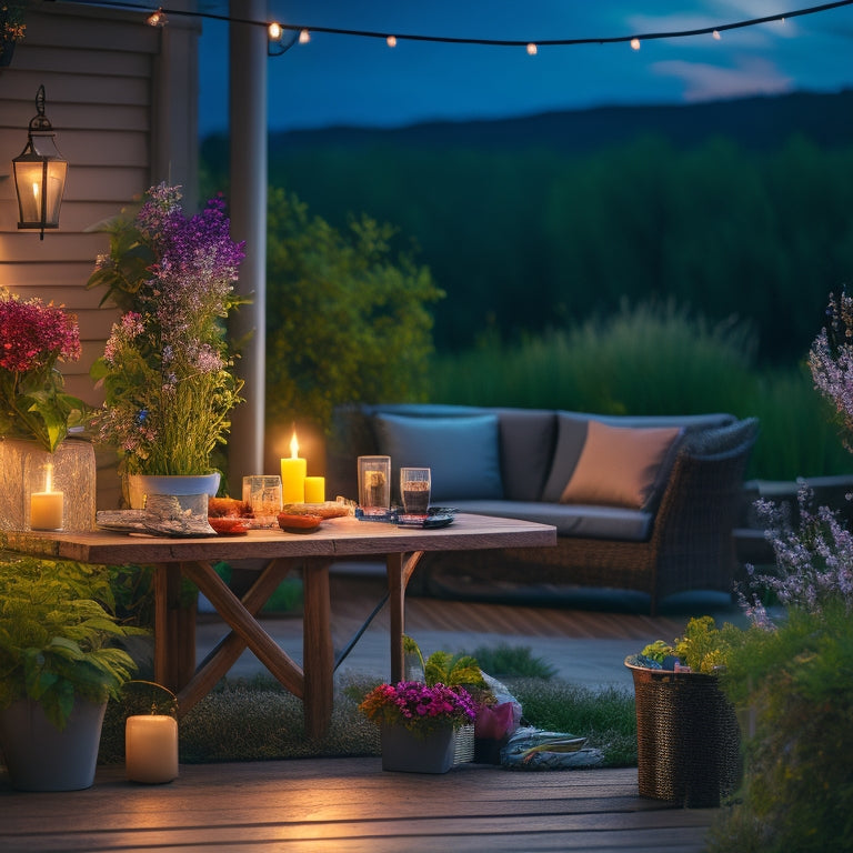 A cozy patio scene at dusk, featuring elegant solar-powered lights illuminating vibrant potted flowers, a wooden table set for two, and twinkling fairy lights draping overhead, creating a warm, inviting atmosphere.