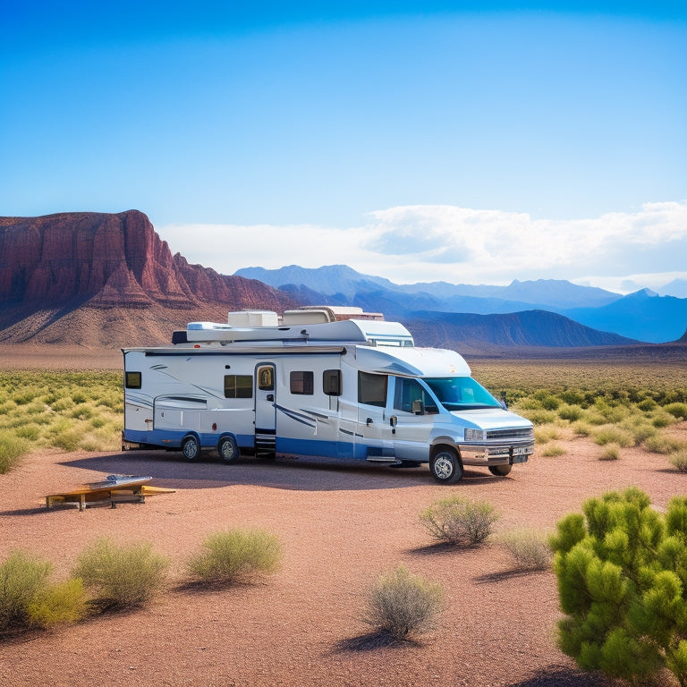 A serene RV parked in a desert landscape, with a sleek solar panel array mounted on the roof, connected to a sleek battery pack and inverter, surrounded by scenic mountains and a bright blue sky.