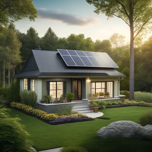 A serene suburban home with a sleek, black solar panel array on the roof, surrounded by lush greenery, with a subtle, shining battery unit visible in the backyard.