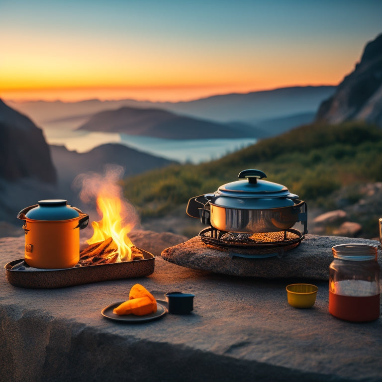 A serene campsite scene featuring a compact backpacking stove on a sturdy rock, surrounded by neatly arranged cooking gear, vibrant nature, and a soft glow of evening light illuminating the setup.