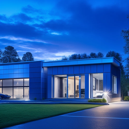 A modern, sleek home with a large window showcasing a cutting-edge home battery storage system, comprising a wall-mounted unit with glowing blue LED lights and sleek metallic accents.