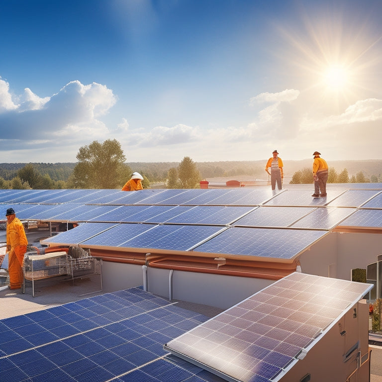 An illustration of a residential rooftop with solar panels in various stages of installation, surrounded by tools, ladders, and a few workers in the background, amidst a sunny sky with fluffy white clouds.