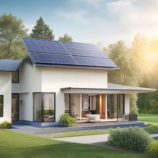 A modern home with sleek solar panels on the roof, a wall-mounted battery system, and a smart energy management system on a tablet, surrounded by lush greenery and a sunny background.