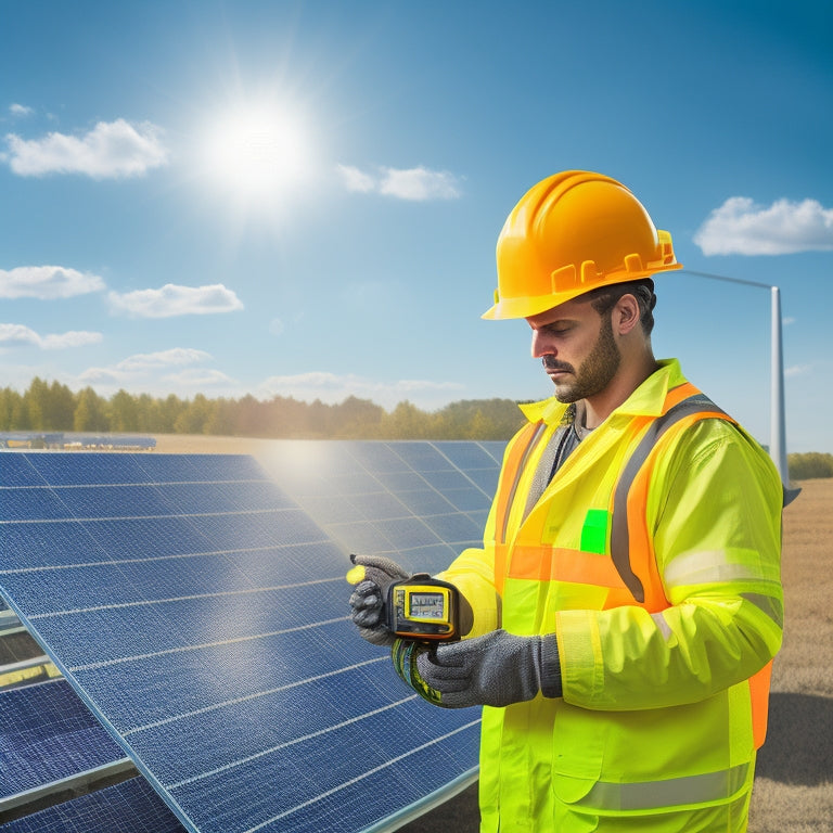 A photorealistic illustration of a person in a yellow hard hat and orange vest, holding a multimeter and standing in front of a row of sleek, black solar panels and a bank of shiny, silver batteries.