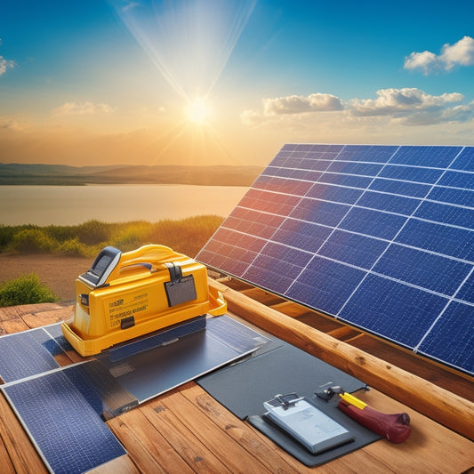 An illustration of a solar panel installation with a clipboard and pencil hovering above, surrounded by icons of a ladder, hard hat, and toolbox, with a subtle grid pattern in the background.
