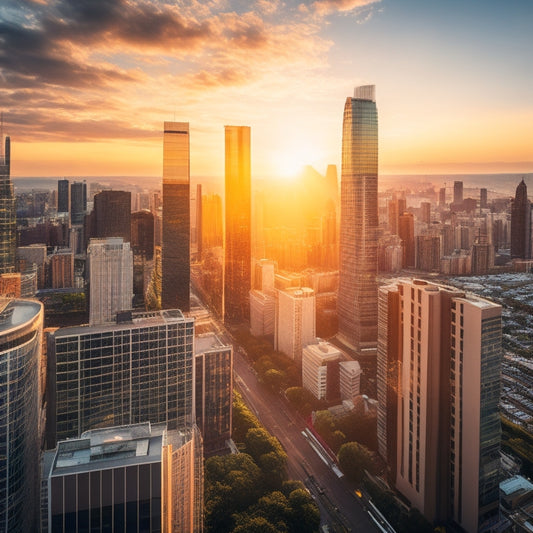 A vibrant city skyline at sunset, featuring sleek solar window panels on modern skyscrapers, with reflections of golden sunlight, lush rooftop gardens, and bustling urban life below, showcasing innovation and sustainability intertwined.