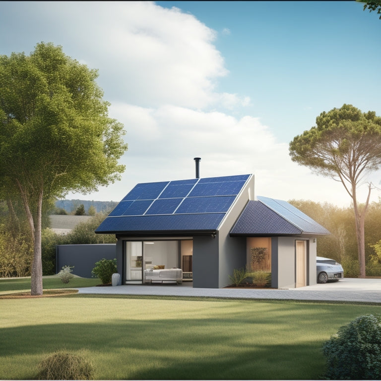 A serene, modern home with solar panels on the roof, a sleek battery storage system in the garage, and a lush green backyard with a wind turbine in the distance.