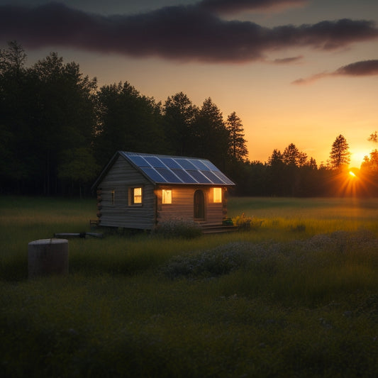 A serene off-grid landscape at dusk with a small cabin, solar panels, and a battery bank in the foreground, surrounded by lush greenery and a faint sunset glow.