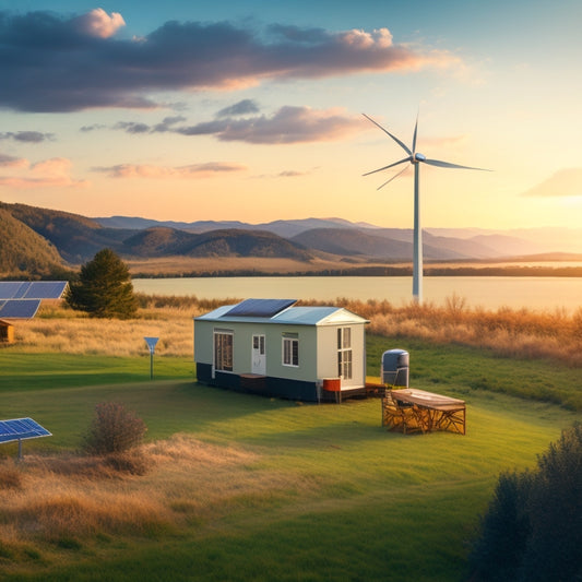 A serene rural landscape with a small off-grid cabin, surrounded by solar panels, a wind turbine, and a battery bank, connected to a sleek inverter unit in the foreground.