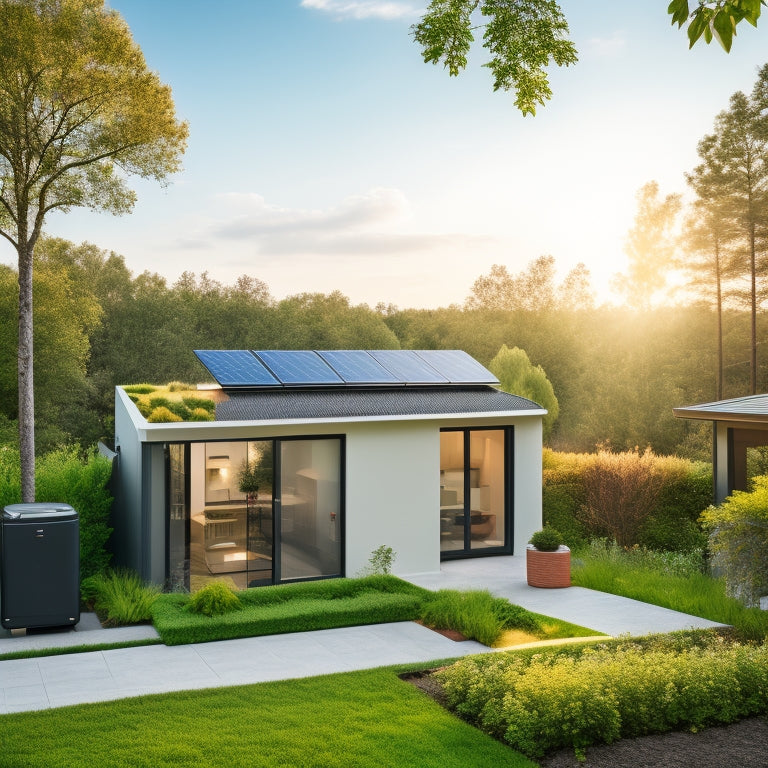 A modern home's backyard with a sleek, wall-mounted battery storage system alongside a rooftop solar panel array, surrounded by lush greenery and a subtle cityscape in the background.