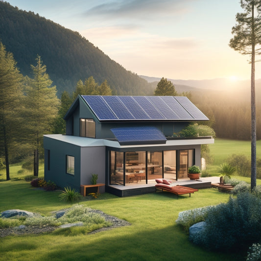 A serene, modern, off-grid home surrounded by lush greenery, with a large solar panel array on the roof, a wind turbine in the distance, and a battery bank visible through a window.