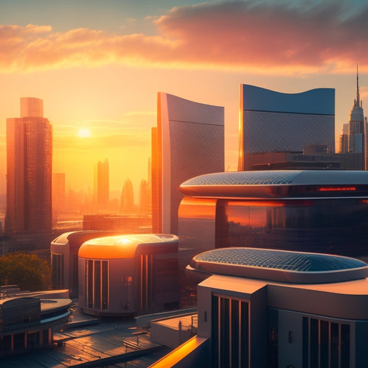 A futuristic cityscape at sunset with sleek, silver energy panels integrated into rooftops and building facades, reflecting warm orange hues and casting a sustainable glow.
