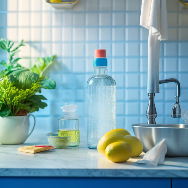 A bright, well-lit kitchen counter with a white ceramic tile backsplash, featuring a small, clear glass spray bottle, a microfiber cloth, and a few common household ingredients like water, white vinegar, and baking soda.