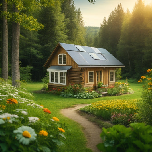A serene, isolated cabin nestled among lush green trees, with solar panels on the roof, a wind turbine in the distance, and a garden overflowing with vibrant flowers and vegetables.