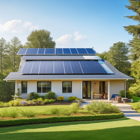 A serene suburban home with sleek solar panels integrated into the roof, surrounded by lush greenery, with a bright blue sky and a few wispy clouds, conveying a sense of eco-friendliness and sustainability.