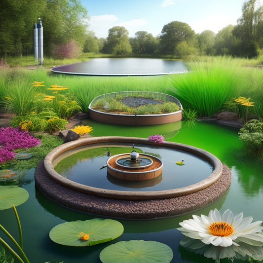 A serene illustration of a self-sustaining water system, featuring a natural pond with lily pads, a solar-powered pump, a filtration unit, and a network of pipes connecting to a greenhouse and a vegetable garden.