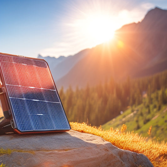 A close-up of a compact, folded solar panel beside a rugged backpack in a natural outdoor setting, sunlight glinting off its surface, highlighting its lightweight design and portability features against a backdrop of mountains.