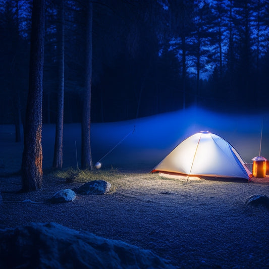 A nighttime campsite with a glowing LED lantern, string lights on trees, a headlamp on a backpack, and a portable solar-powered light beside a tent.