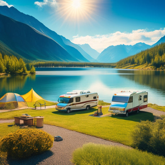 A vibrant campsite scene featuring a solar panel-equipped RV parked beside a tranquil lake, with mountains in the background, surrounded by lush greenery, and sunlight glistening on the water's surface.