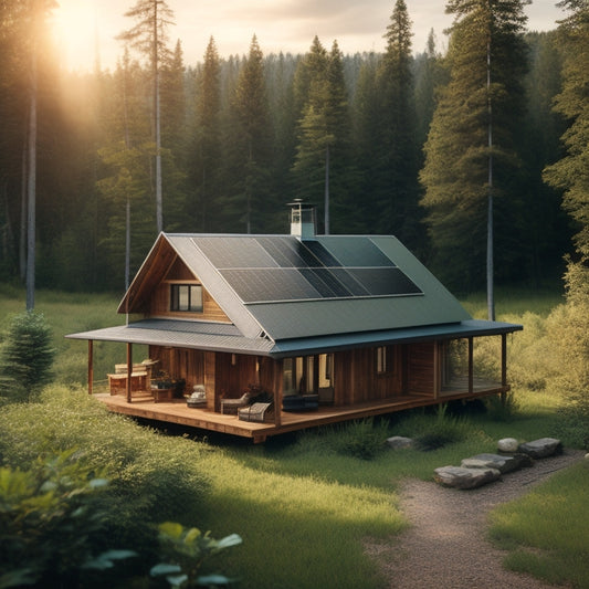 A serene off-grid homestead surrounded by lush greenery, featuring a rustic wooden cabin with a sloping roof covered in sleek, black solar panels, connected to a battery bank and inverter.
