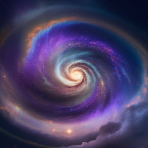 A swirling vortex of iridescent gas and dust, with nine orbiting planets of varying sizes and atmospheric hues, surrounded by a delicate network of celestial pathways and stardust.