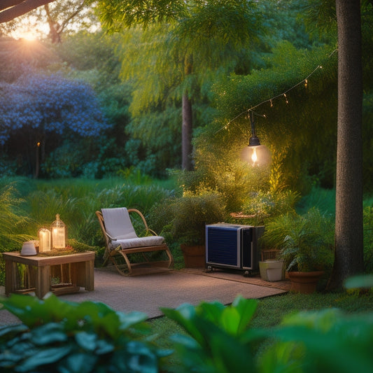 A serene backyard scene with a sleek, silver portable power station nestled among lush greenery, surrounded by solar panels, a hammock, and a string of twinkling fairy lights.