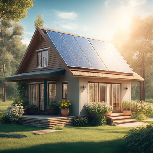 A cozy small home surrounded by lush greenery, featuring a sleek solar panel array on the roof, sunlight streaming down, with a clear blue sky and soft clouds in the background.