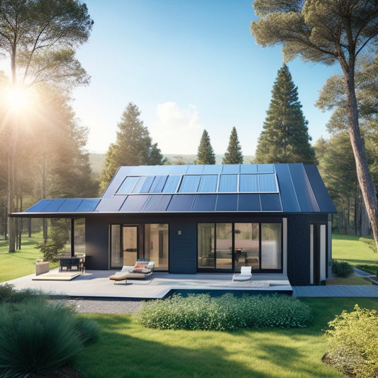 A serene, modern, zero-carbon home with sleek, black solar panels mounted at a 30-degree angle on a pitched, silver metal roof, surrounded by lush greenery and a clear blue sky.