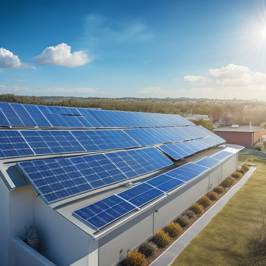 A photorealistic image of a residential rooftop with a newly installed solar panel array, with 12 panels in 3 rows, angled at 30 degrees, against a clear blue sky with few white clouds.