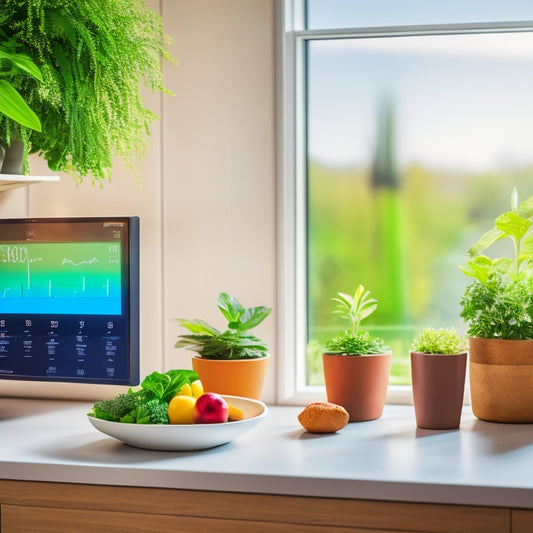 A sleek energy monitor displaying colorful graphs and statistics on a modern kitchen counter, surrounded by energy-efficient appliances, sunlight streaming through a window, and a potted plant, showcasing a sustainable and cost-saving lifestyle.