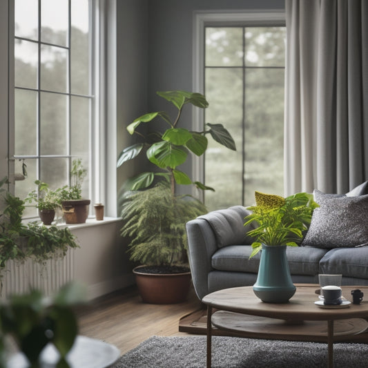 A serene living room with a large window, a thermostat displaying a low temperature, and a few subtle hints of eco-friendliness, such as a small potted plant and a reusable water bottle.