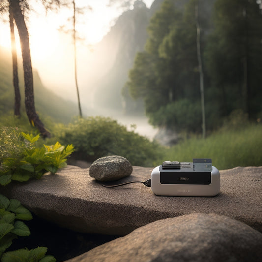 A serene outdoor setting with a portable power bank and solar panel combo on a rocky surface, surrounded by lush greenery and a subtle misty morning atmosphere.