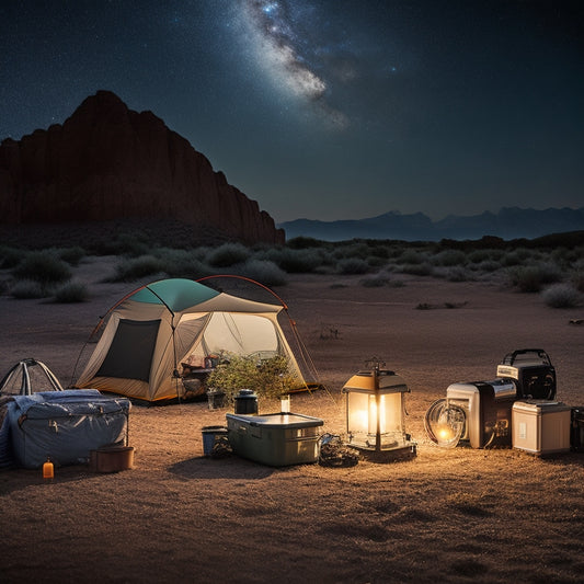 A rugged outdoor scene featuring various portable power sources like solar panels, battery packs, and generators. Include a campsite with a tent, a glowing lantern, and charging devices under a starry night sky.