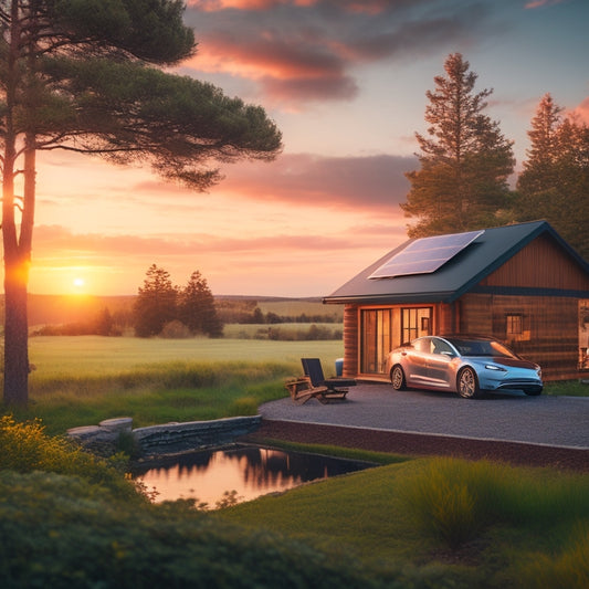 A serene, isolated cabin surrounded by lush greenery, with solar panels on the roof, a wind turbine in the distance, and a Tesla car charging in the driveway, set against a breathtaking sunset sky.