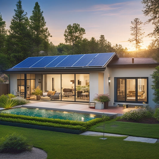 A sunny backyard with a sleek, modern house featuring a newly installed solar panel array on the roof, surrounded by lush greenery and a few scattered solar-powered outdoor lights.