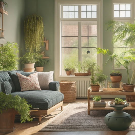 A cozy living room with potted plants, repurposed wooden furniture, eco-friendly paint on walls, a bamboo coffee table, and natural light streaming through large windows, creating a serene green atmosphere.