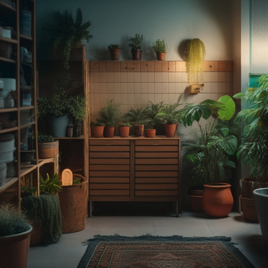 A dimly lit room with a single open door, revealing a bright and organized space with labeled storage bins, a thermostat, and a few strategically placed plants, surrounded by a subtle grid pattern.