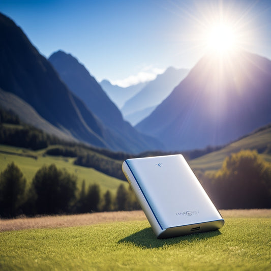 A sleek, modern power bank with integrated solar panels on top, set against a serene, sun-drenched landscape with a few wispy clouds, surrounded by lush greenery and a subtle mountain range in the distance.